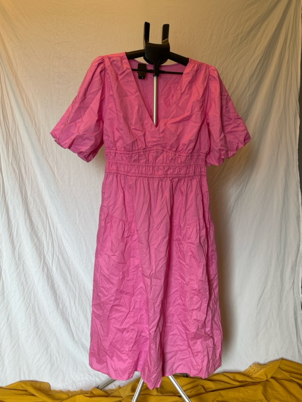 Old Navy Hot Pink Puff Sleeve Dress L Smocked Waist Babydoll Midi